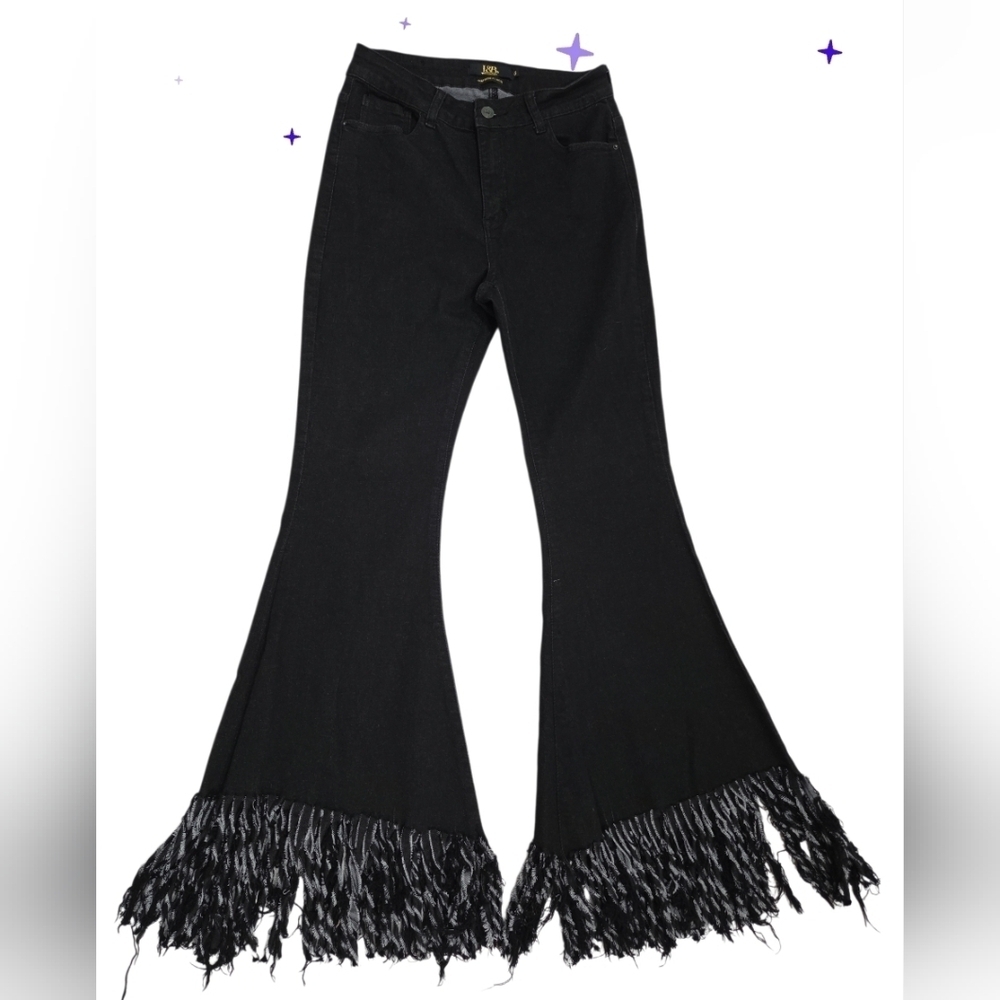 Lucky & Blessed High Rise Flare Crow Fringe Bootcut Black Denim, Size 6
